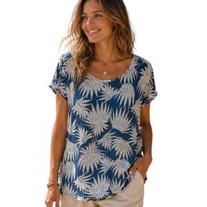 Rachel Zoe 100% Linen Top Womens Medium Blue White Tropical Coastal Beachy Tee